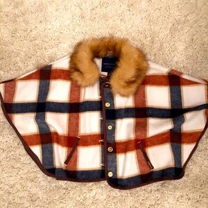 NWT PLAID FAUX FUR COLLAR CAPE